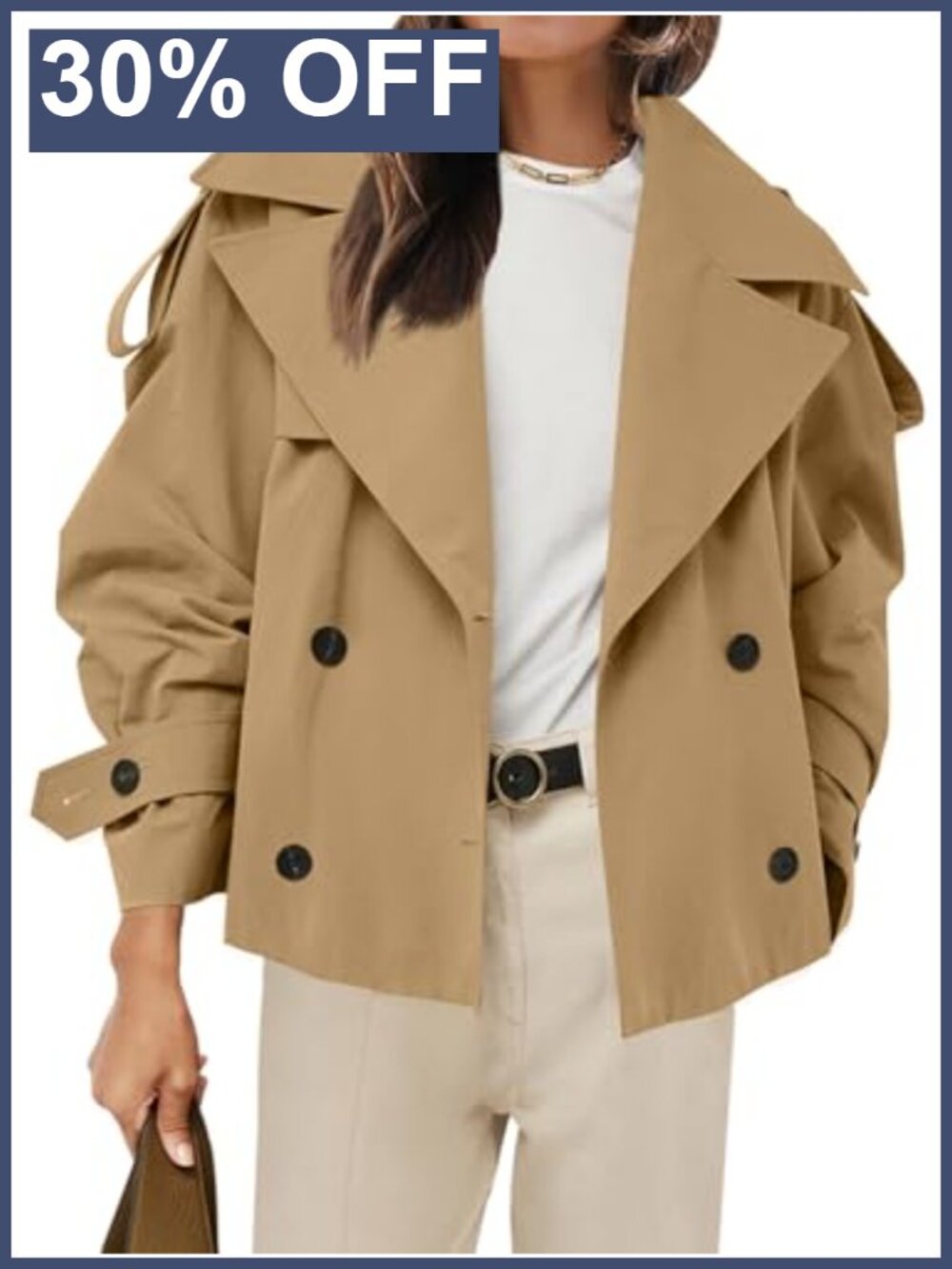 Cropped Trench Coat Double Breasted Belted Windproof Jacket